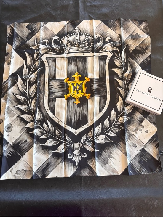 Accessories - Heraldic Crest Silk Scarf with Gold Emblem - Black, White, Yellow